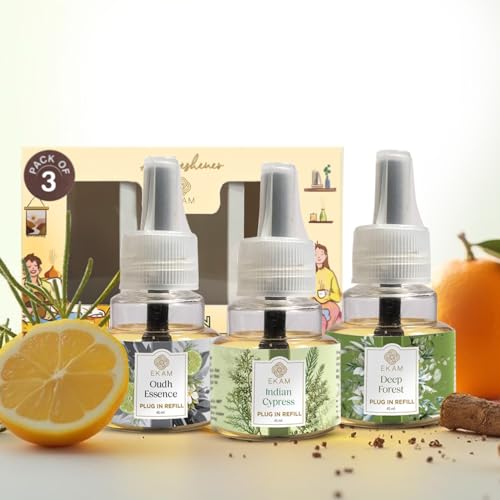 Image of EKAM | Combo Pack Of 3 | Woody Scented Plug-In Air Freshener Refill liquid,| 45ml Each | Lasts up to 125 Days Each / 500 Hours Each | Perfect for Living Rooms, Bedrooms & More