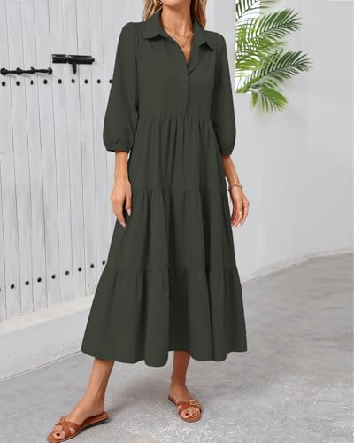 Image of Women Button Down Maxi Shirt Dress Long Sleeve Flowy Tiered Collared Dresses with Pockets