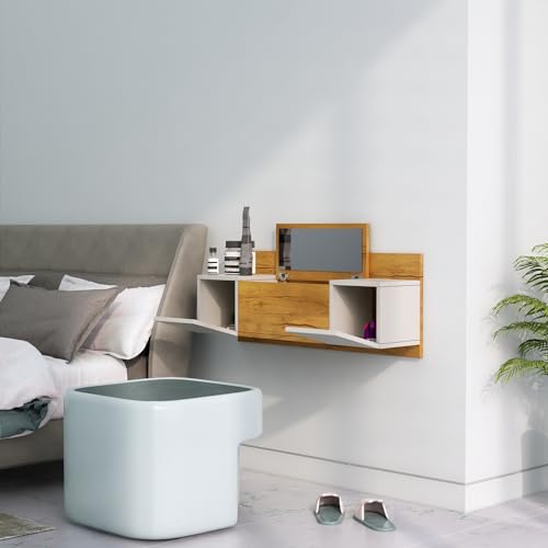 Image of Bniture Engineered Wood Wall Mount Dressing Table with 2 Door, Mirror and Huge Storage Space | Wall Mount Vanity (Giant Wood & Frosty White, HXDR109)
