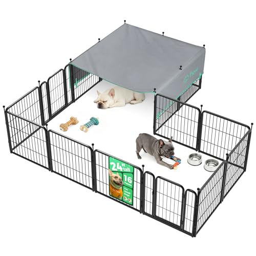 Image of FXW Rollick Unleashed Dog Playpen for Indoor, Yard, RV Camping, 24 inch 16 Panels Dog Pen with Sun Shade for Small and Puppy Dogs, Black│Patented