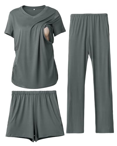 Image of Rnxrbb 3 Piece Women's Maternity Nursing Pajamas Set V Neck Breastfeeding Pjs Sleepwear Postpartum Shorts&Pants Pockets
