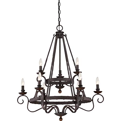 Image of Quoizel Noble Candle Chandelier, 9-Light, 36 inch H x 32 inch W Rustic Black Vintage Chandelier, 60W Bulbs, Max Adjustable Height 138 inch, Pendant Light for Kitchen, Dining, Living Room, Foyer or Farmhouse