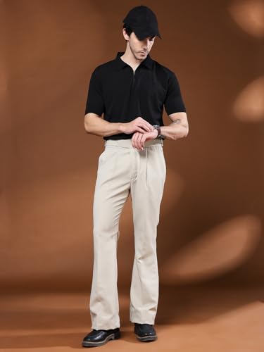Image of Mens Beige Gurkha Pants with Classic Buckle Closure Premium Casual Bell Bottom Trousers for Men High Waist Pleated Formal & Casual Wear Pant Stylish Retro Flared Bottom Pant