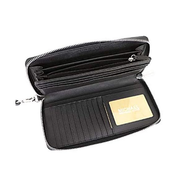 Michael Kors Jet Set Travel Continental Zip Around Leather Wallet Wristlet (Black PVC/Silver Hardware)