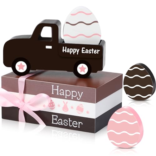Marsui 5 Pieces Easter Table Decorations Truck Easter Eggs Blocks Happy Centerpieces Spring Wood Book Stacks Table Signs for Home Indoor Topper Tiered Tray Decor Supplies