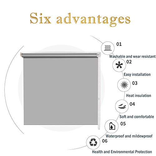 Luckup 100% Blackout Waterproof Fabric Window Roller Shades Blind Thermal Insulated,Uv Protection,For Bedrooms,Living Room,Bathroom,The Office, Easy To Install 22" W X 79" L(Grey) … #TOP3