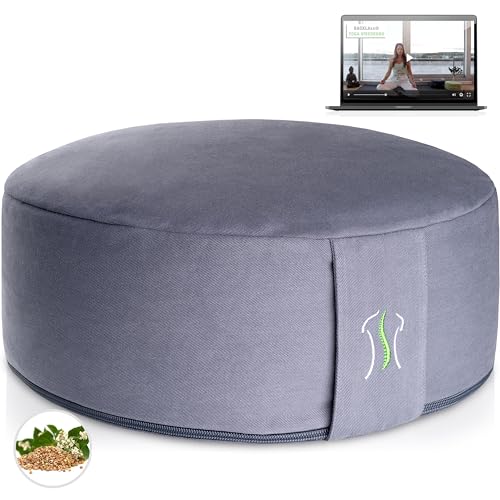 BACKLAXX ® Yoga Kissen, Meditationskissen XL 35cm [30% mehr Sitzfläche], 15cm hoch mit Buchweizenfüllung, perfektes Meditation Zubehör, Yogakissen rund inkl. Videokurs - Pouf Sitzkissen Boden