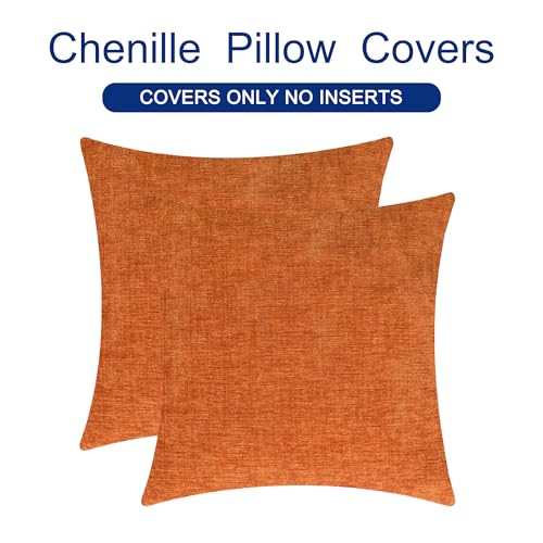 Image of CaliTime Pack of 2 Cozy Throw Pillow Covers Cases for Couch Sofa Home Decoration Solid Dyed Soft Chenille 18 X 18 Inches Burnt Orange