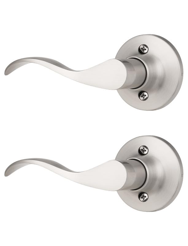 Image of Mengico 2 Pack Satin Nickel Dummy Door Lever, Single Left Side Door Handle for Closets, Non-Turning Pull Only Lever Set, Wave Style Interior Door Knob