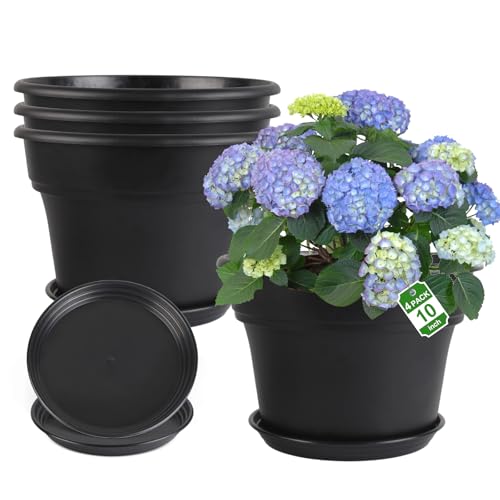 Myfeegoin 10-inch-Plant-Pots-Indoor-Outdoor 4 Pack Plastic Planters with Drainage Holes & Saucers Resin Flower Pots with Trays Classic Garden Pot Container for House