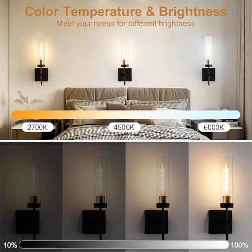 Image of Wall Sconces,Battery Operated Wall Sconce 8000mAh Black Fast Chargin Endurance 100 Hours Infinitely Dimmable 2 Color Bulbs 3000K /6000K with Remote Control Wireless Wall Lights for Bedroom Living