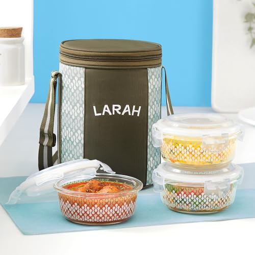 Larah Glassware Gracia Borosilicate Glass Lunchbox with Bag | 3pc Round Container Set (400 ml Each) | Microwave & Dishwasher Safe, Leakproof | Tiffin 