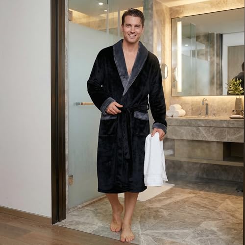 Image of U2SKIIN Mens Fleece Robe Plush Collar Shawl Bathrobe