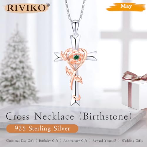 RIVIKO 925 Sterling Silver Cross Birthstone Necklace for Women Cross Rose Pendant Necklaces Trendy Christmas Valentine's Day Anniversary Jewelry Gift for Women Her Wife Girlfriends2