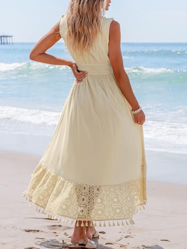 CUPSHE Women's Maxi Dress V Neck Sleeveless Lace Tassel Smocked Waist Cover Up Beach Formal Long Dress3