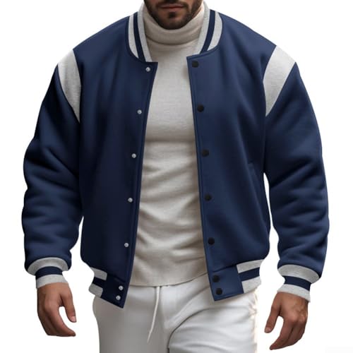 Eawfgtuw Chaqueta casual ajustada sin cuello para hombre, abrigo de béisbol con cremallera, cárdigan ligero con bolsillos para otoño e invierno (2XL, azul oscuro)