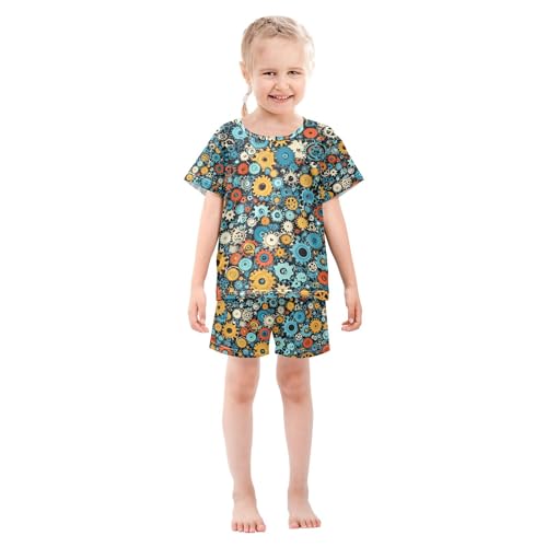 Gears Pattern Summer Short Pajamas Set 2 Piece Cotton Sleepwear, 5-14 Years3