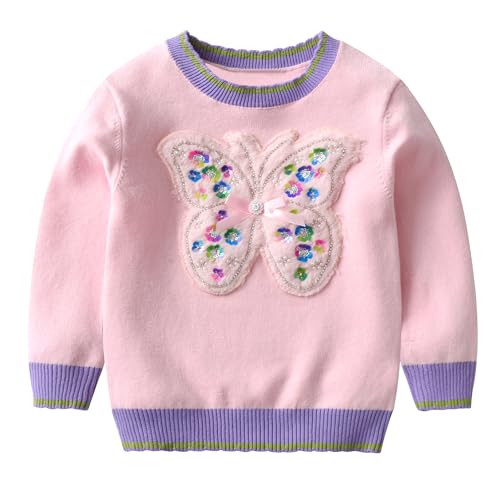 Image of Girl Pink Crewneck Sweaters Rainbow Sweater Knit Tops for 2-8 Years