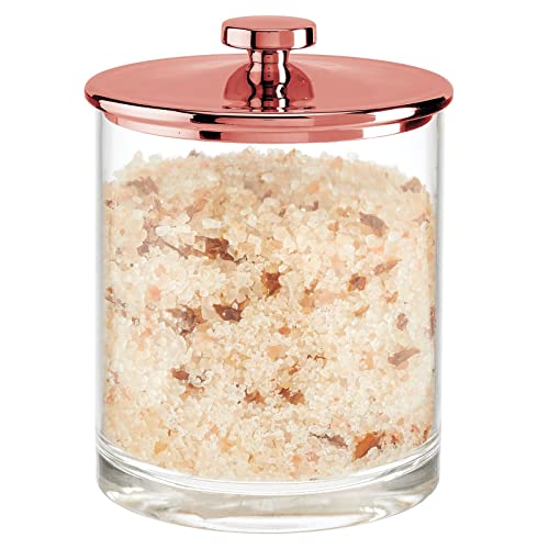 mDesign Plastic Round Bathroom Vanity Countertop Storage Organizer Apothecary Canister Jar for Cotton Swabs, Rounds, Balls, Makeup Sponges, Bath Salts - Clear Rose Gold