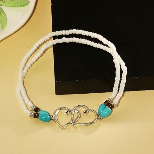 Image of Elastic Beaded Ankle Bracelets for Women Double Heart Layered Stretch Ankle Bracelets Waterproof Dainty Boho Beaded Anklets for Summer Beach Foot Jewelry