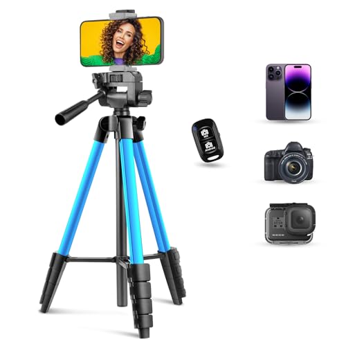 Torjim 64”Phone Tripod, Extendable Cell Phone Tripod with Remote and Holder, Universal Camera Stand for Video/Selfies/Live Streaming, Travel Compatible iOS & Android（Blue