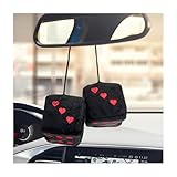 ZNDAW 2 PCS Fuzzy Plush Dice for Car Mirror, 2.75' Retro Square Heart Shape Car Rearview Mirror Cute Decor, Fluffy Dice Vehicle Hanging Ornament Decoration Interior for Women (Black & Red)
