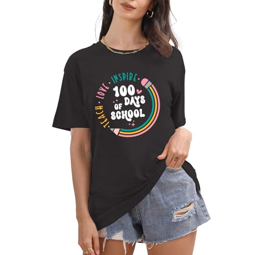 Image of 100th Day of School Shirt for Women Teacher Graphic T-Shirt Funny Teach Short Sleeve Tee Tops