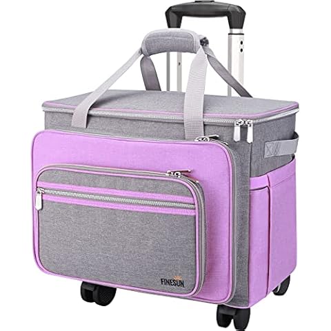 FINESUN Sewing Machine Case with Wheels, Foldable Deluxe Rolling Sewing Machine Carrying Bag for Brother, Singer, Bernina and Most Machines,purple-grey Cover