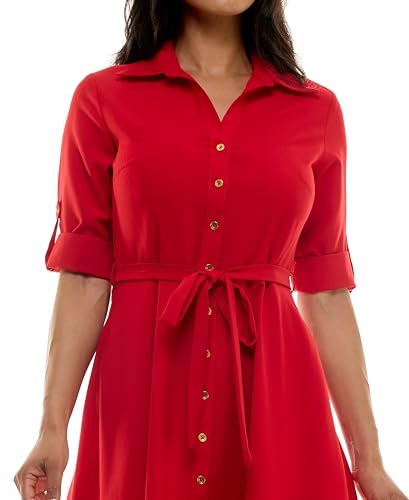 Image of Sharagano Women's Pleated Shirt Dress - 3 /4 Sleeve, V-Neck, Gold Buttons