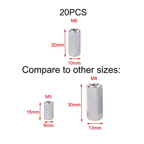 SyiXute 20 Pcs Long Rod Nut,M6 Hex Coupling Nut,Carbon Steel Long Hex Nut for Home Office Workshop Industrial Constructor and Multi Purpose Use (M6*10 * 20mm) - Image 2