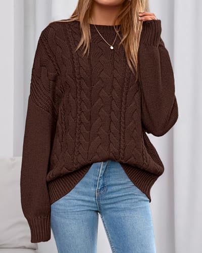 BTFBM Fall Sweaters for Women 2025 Cable Knit Sweater Crew Neck Long Lantern Sleeve Loose Chunky Pullover Casual Tops3