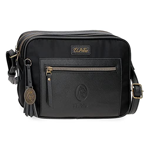 Die Schultertasche, schwarz, 25 x 18 x 6,5 cm, Polyester und PU, Schwarz, Umhängetasche mit zwei Fächern