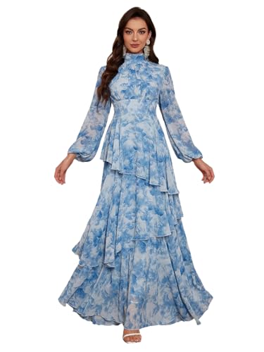 Image of TOLEEN Summer Casual Dresses for Women 2024 Spring Fashion Boho V Neck Long Sleeve Ruffle Floral Print Elegant Maxi Dress
