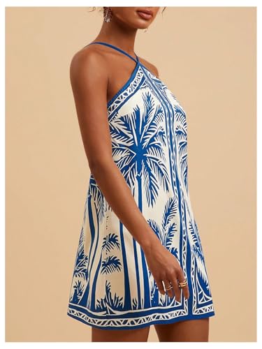 MakeMeChic Women's Tropical Print Halter Dress Tie Backless Spaghetti Strap Boho Short Dresses3