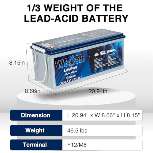 Image of WEIZE 24V 100AH Bluetooth LiFePO4 Lithium Battery, Grade A Cells, 150A BMS, Low-Temp Protection Deep Cycle 500A /3S Peak Discharge Battery for Trolling Motor, Solar System, RV, Camping, Off Grid