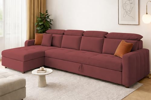 Image of Casaliving Gagnon LHS 6 Seater L Shape Corner Sofa Cum Bed for Living Room (Maroon Fabric) Premium Fabric Sofa