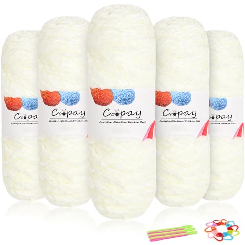 Coopay Laine Chenille Veloutée, 500g (5 x 100g), Pelote de Laine à Tricoter Douce, Épaisseur de 3mm, Super Moelleuse Fil Chenille Pour Crochet Tricot...