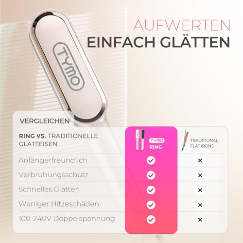 TYMO RING Glättbürste Haarglätter Bürste - Keramik Glätteisen und Haarbürste 2 in 1, Elektrische Verbrühungsschutz Glättungsbürste Kamm, 25s Schneller Aufheizen, 5 Temp Einstellungen, Gold