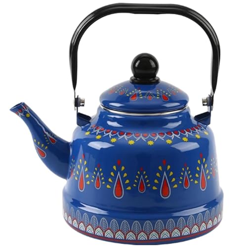 Vintage Enamel Tea Kettle with Ergonomic Folding Handle Camping Coffee Pot for Gas and Induction Stoves(Blue,1.1L)