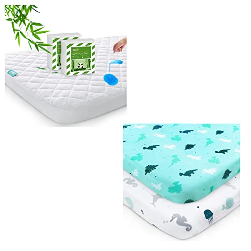 Bamboo Pack N Play Mattress Protector, 2 Pack, White & Pack N Play/Mini Crib Sheets, 2 Pack, Dinosaurs & Ocean #TOP22