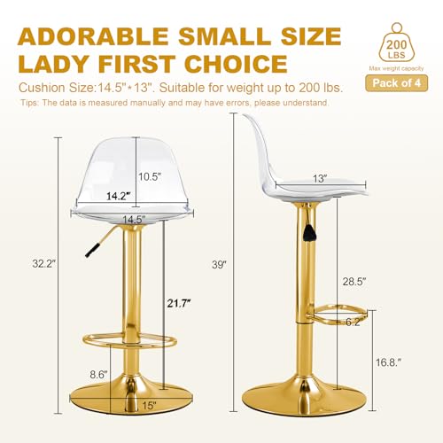 Juego de 4 Butacos Acrílicos con Respaldo Transparente, Altura Ajustable y Giro 360°, Asiento de Cuero PU, Patas de Metal Doradas, Estilo Moderno miniatura 2