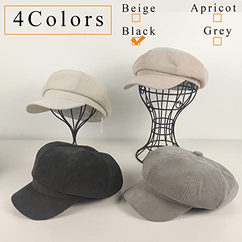 Xicagup Newsboy Hat Women Cabbie Cap Corduroy Retro Soft Casual Peaked Ladies Berets Adjustable 8 Panels Octagonal Hats Painter Poetic Winter Girls Headware (Black) #TOP5