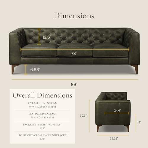 Image of Poly & BARK Essex 89 inch Full-Grain Italian Leather Sofa - Tufted Back, Feather-Down Comfort, Solid Wood Frame, Olivine Green