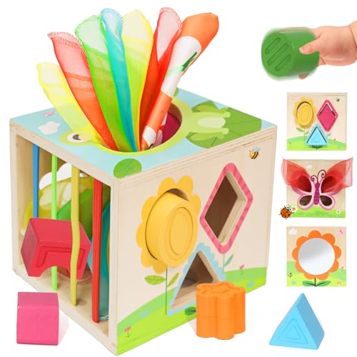 LZDMY Boîte à lingettes Montessori Jouets bébé 6 Mois et +,6 en 1 Cube de Jeu, Cube de motricité en Bois Jouets bébé sensoriels 6-12 Mois Anniversaire Pâques Cadeau pour garçon Fille