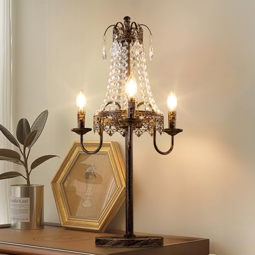 TOCHIC Crystal Table Lamp for Living Room, 3 Lights Bedside Table Lamp for Bedroom, 30' Tall Antique...