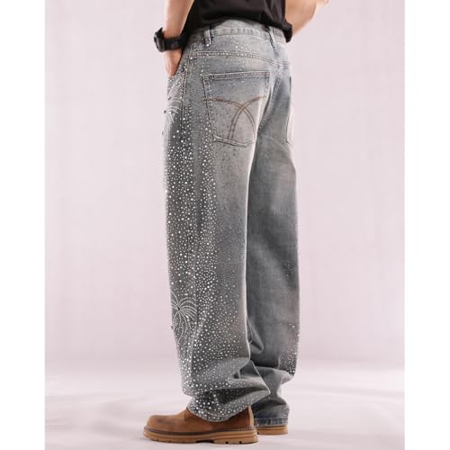 Mens Rhinestone Jeans Vintage Baggy Sparkly Wide Leg Denim Pants2