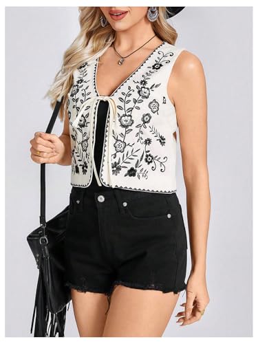MakeMeChic Women's Floral Embroidery Vest Tie Front Sleeveless Vintage Crop Tops4