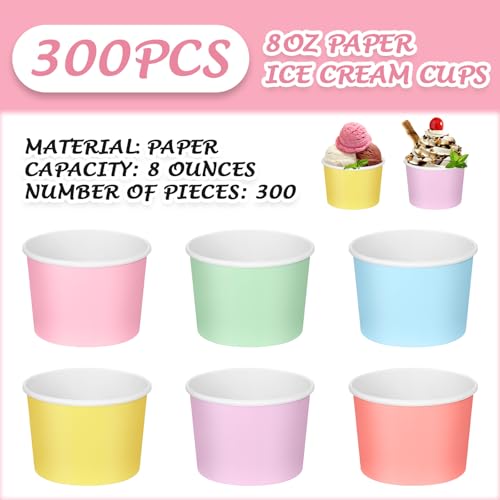 Image of Nuenen 300 Pcs 8 oz Summer Ice Cream Paper Cups Bulk Disposable Dessert Cups Solid Color Paper Dessert Bowls for Snack Sundae Spring Party Favors Ice Cream Bar Supplies (Pastel Color)