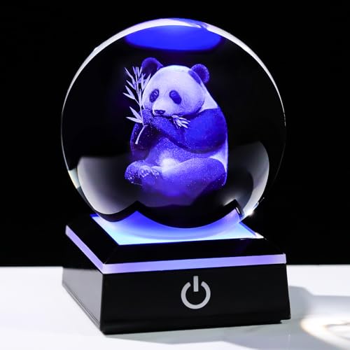 Image of Arikyrist 3D Panda Figurine Crystal Ball with Colorful Light Base, Panda Gifts for Women Men on Christmas Birthday, 3D Laser Engraved Pandas Full Sphere Glass Decorative Ball for Home Office (80mm)