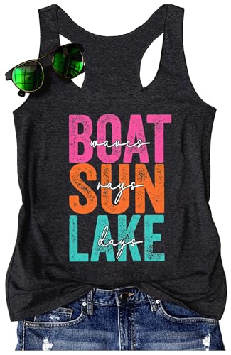 Racerback Tank Tops for Women Beach Vacation Summer Tank Tops Cute Graphic Tank Tops Vacation Outfits Loose Tank Tops (M, Lake-Dark Grey)